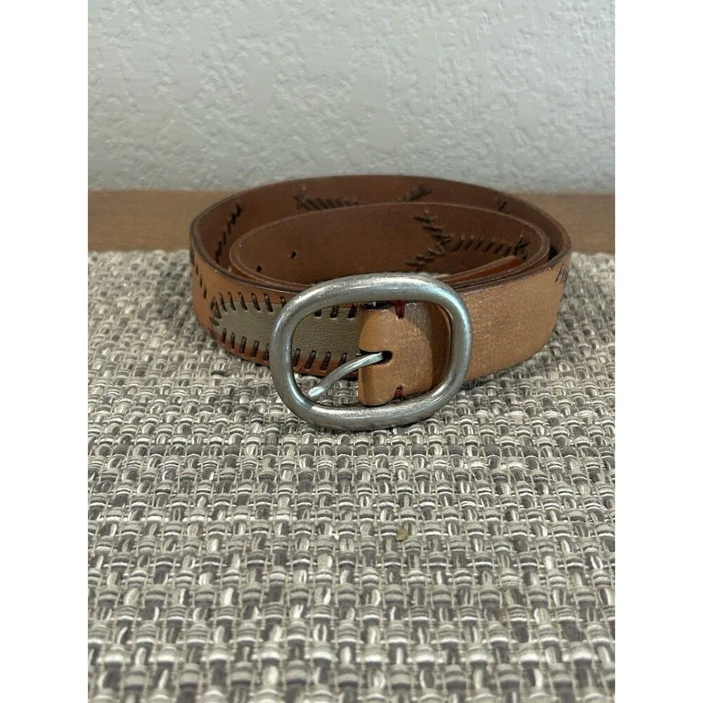 Lucky Brand Men’s Leather Belt Stitching Multi Color Leather Silver Buckle M 34”